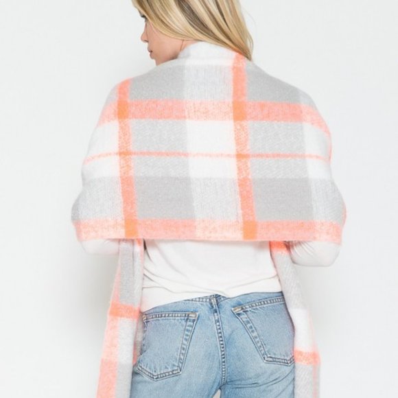 Gray, Orange & Ivory Plaid Scarf with Whimsical Fringe - Picture 8 of 8
